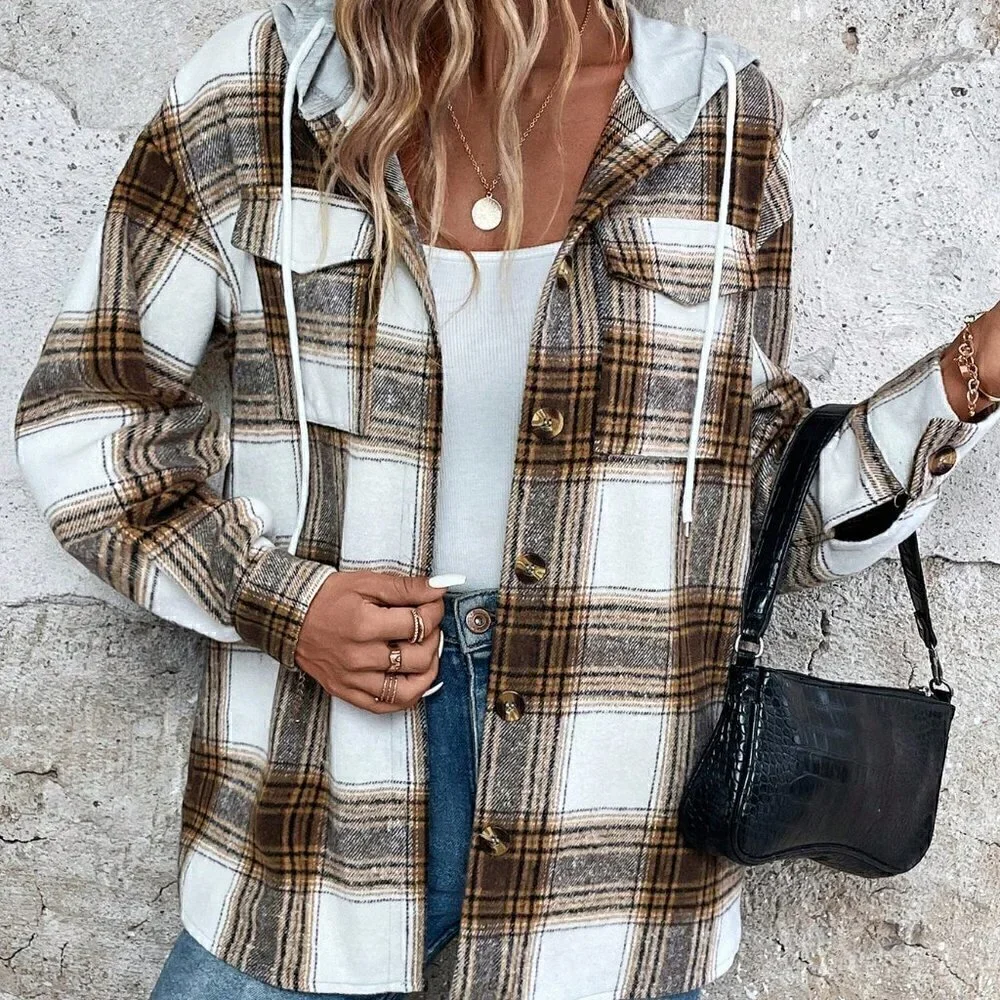Brown Casual Womens Plaid Print Drop Shoulder Drawstring Hooded Coat
